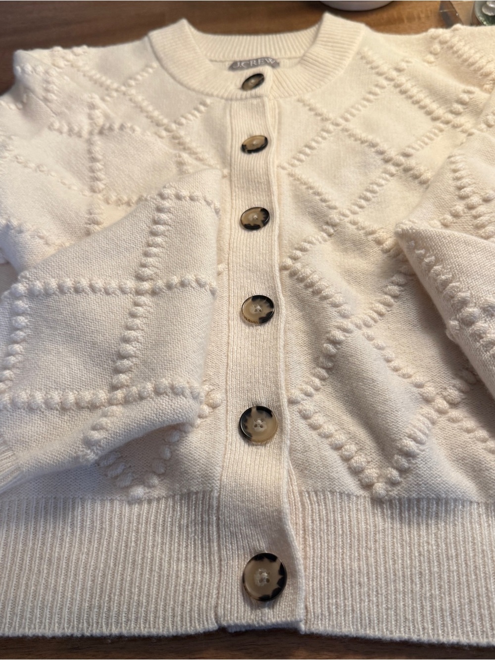 JCrew Popcorn-stitch cardigan in vintage wool, Ivory, Size Large - Picture 4 of 8